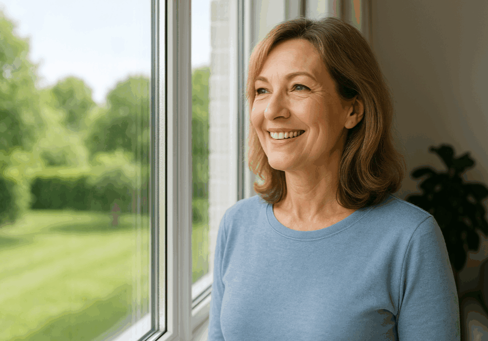 Happy woman looking out clean window
